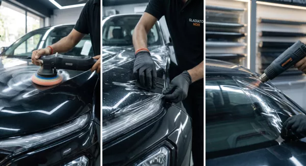 Luxury sedan receiving Gladiator Noir self-healing TPU PPF coating in Bangalore studio